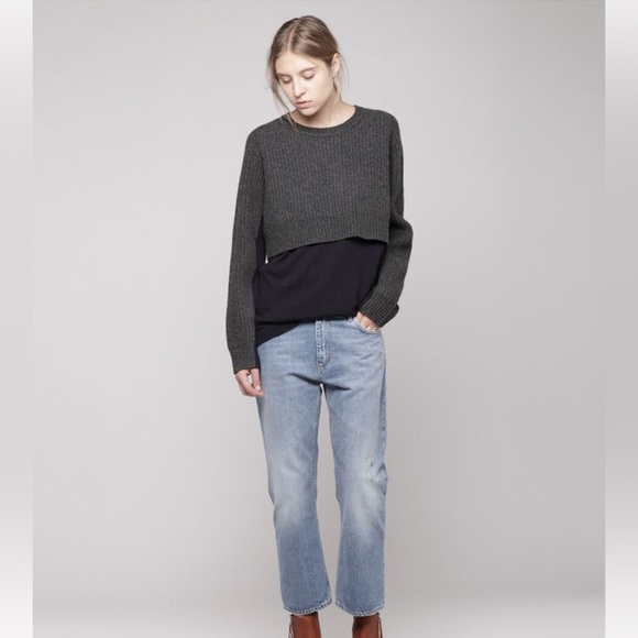 Acne Hurst Knit Long Sleeve Layered Sweater Navy & Gray Size M Merino Wool - Picture 1 of 10